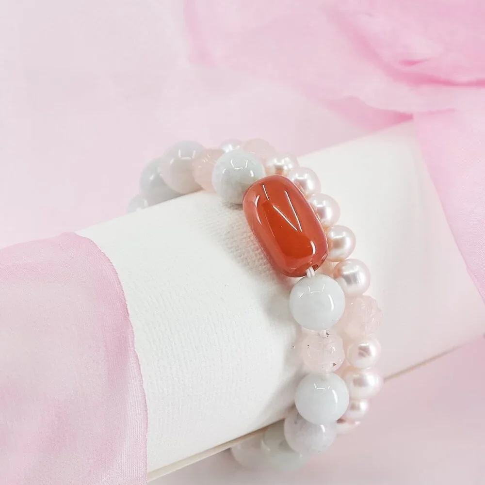Jade Bracelet Set of 2, Genuine Jade w/Red Agate & Blush Pearls, Quiet Luxury